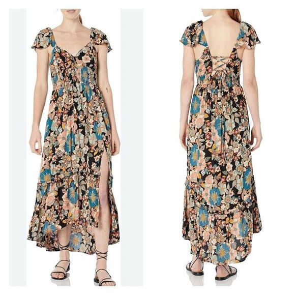 Angie Womens Floral Smocked Lace Up Back Maxi Dress Small boho bohemian - Picture 1 of 9